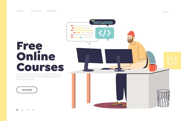 Free programming courses online concept of landing page with student programmer coding and developing new app or website on computer. Coder beginner working. Cartoon flat vector illustration