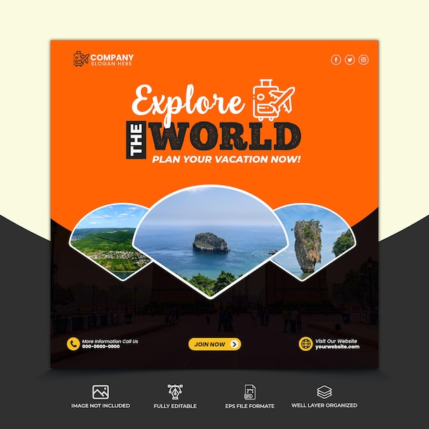 無料のPSDファイル ツアーと旅行のインスタグラム投稿またはソーシャルメディア投稿のウェブバナーテンプレート