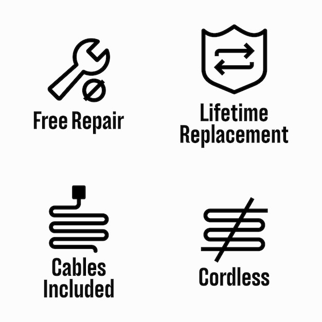 Free Repair, Lifetime Replacement, Cables Included, Cordless property vector information signs