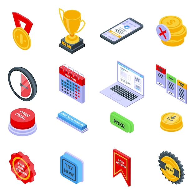 Free trial version icons set. Isometric set of free trial version  icons for web  