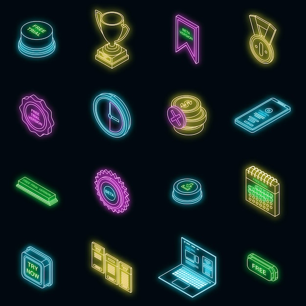 Free trial version icons set vector neon
