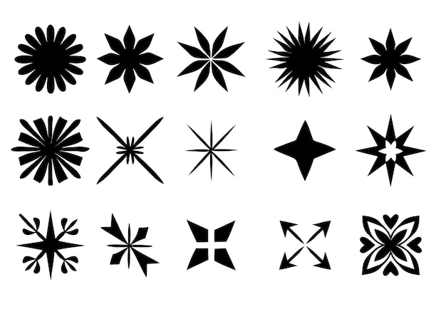 Vector free variety of black silhouette flower and star shapes on white background