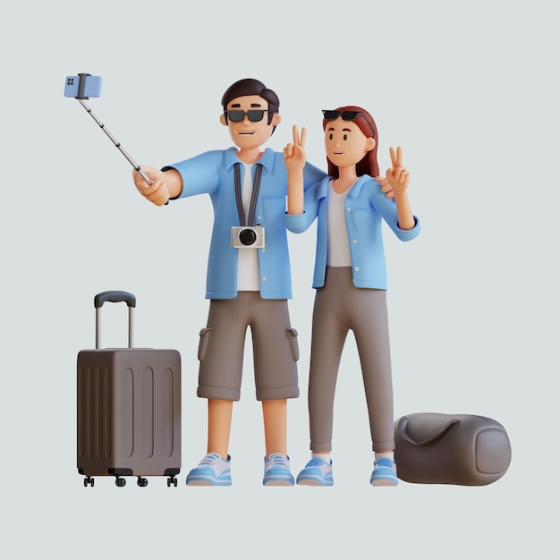 Free vector 3d characters traveling together with baggage