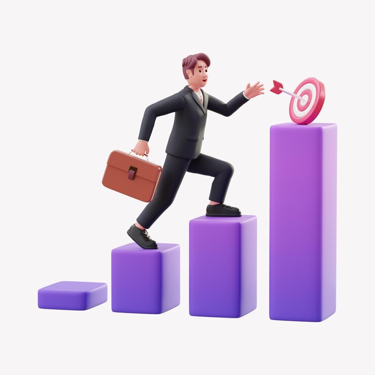 Vector free vector 3d illustration of businessman climbing the steps to success target