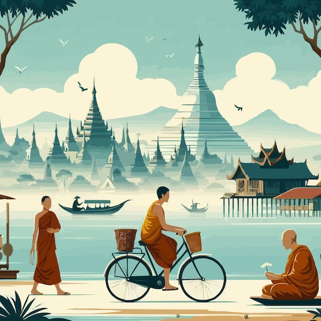 Vector free vector asean scenery country background with pagoda sea while monk on pilgrimage woman ride bic