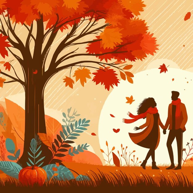 free Vector Autumn background with a tree and a couple Vector