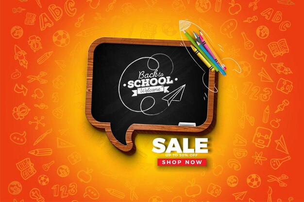 Free vector back to school sale design with chalkboard and typography letter on yellow