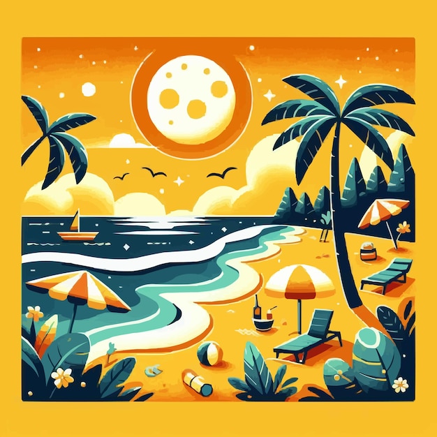 Вектор Бесплатный вектор пляжный остров дерево закат ландшафт векторная иллюстрация