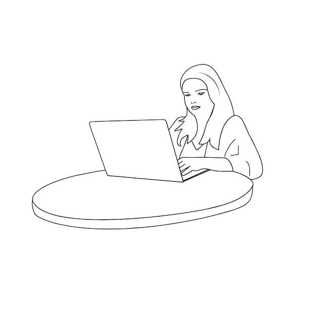 Free vector business lady working on laptop vector line arts