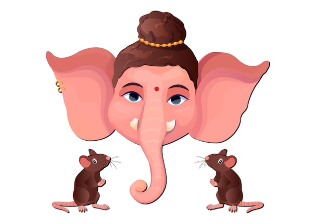 Free Vector Cartoon of Two Mouse worshiping Lord Ganesh on white background