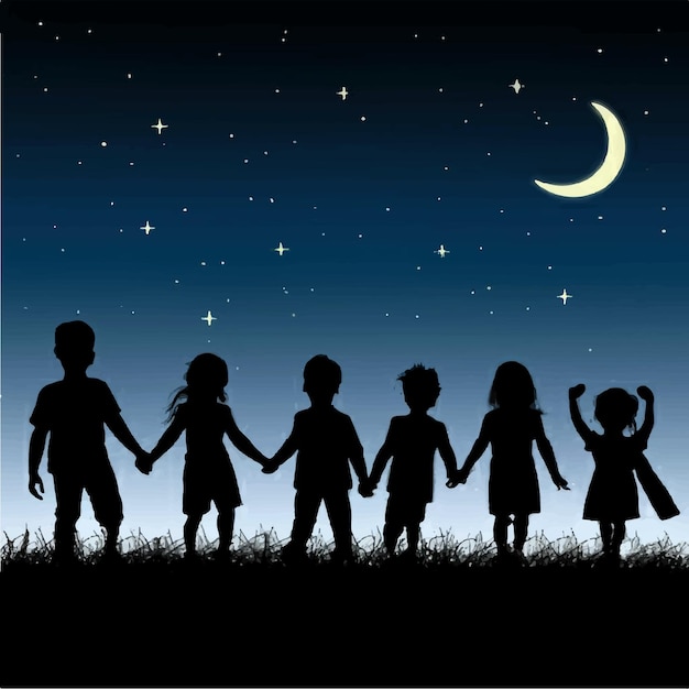 Vector free vector children silhouette on the night background