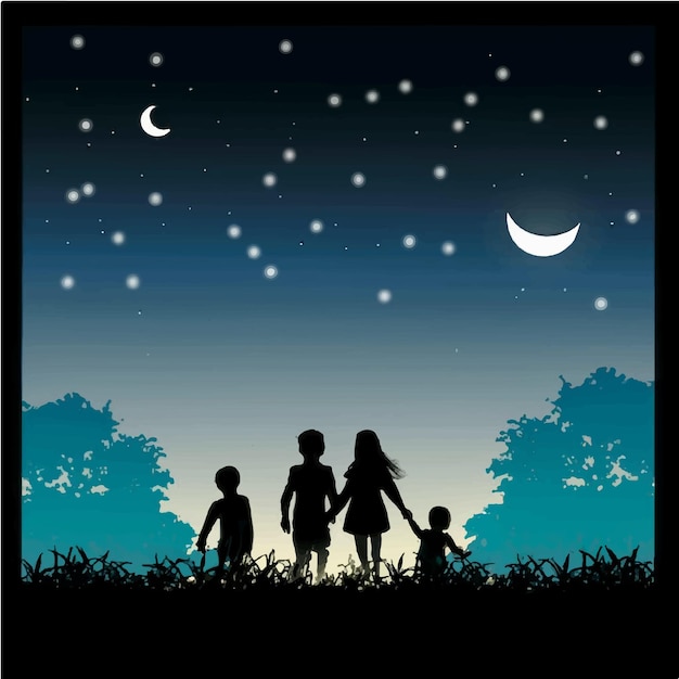 Vector free vector children silhouette on the night background