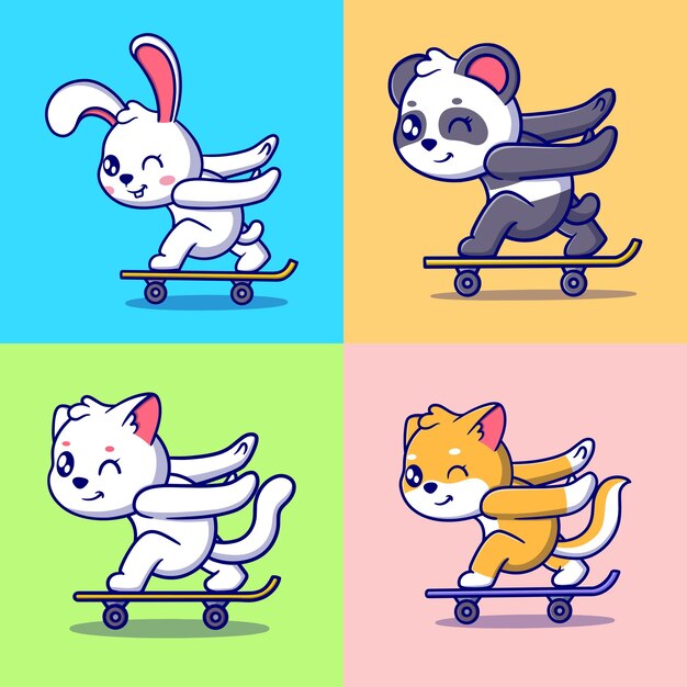 無料ベクターかわいい動物のスケート ボード漫画ベクトル アイコン イラスト動物アイコン コンセプト