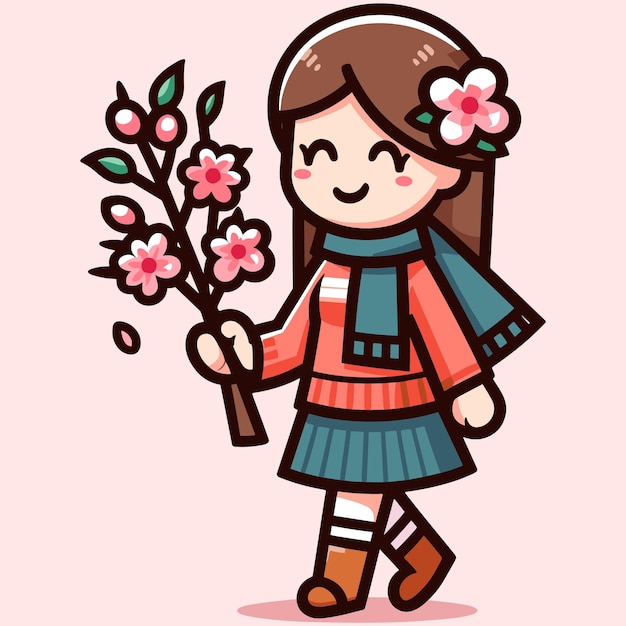 Vector free vector cute girl character celebrate cherry blossom day 2024 cartoon flat isolated illustration