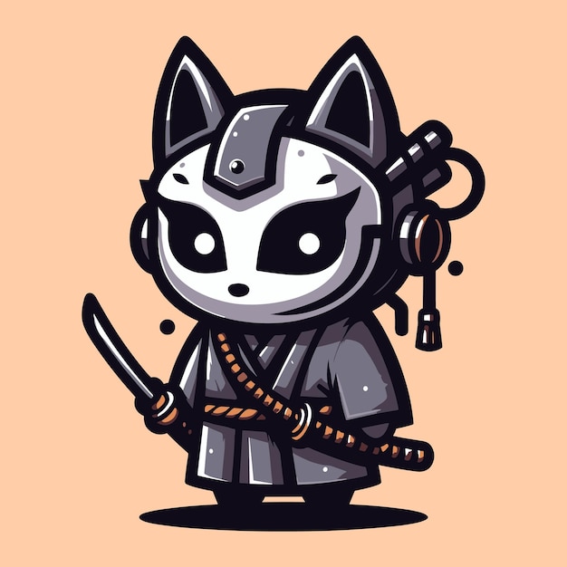 Vector free vector cute kitsune warrior with hold katana cartoon flat isolated illustration