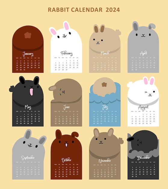 free vector of cute rabbit calendar template and animal calendar expression