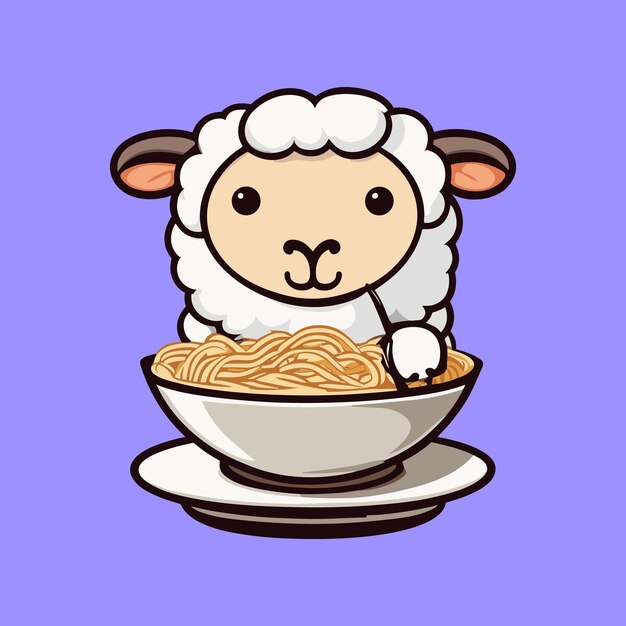 Free vector cute sheep eating ramen noodle cartoon vector icon illustration