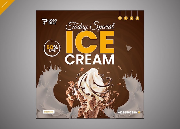 Modello di progettazione di post sui social media per il gelato delizioso vettoriale gratuito