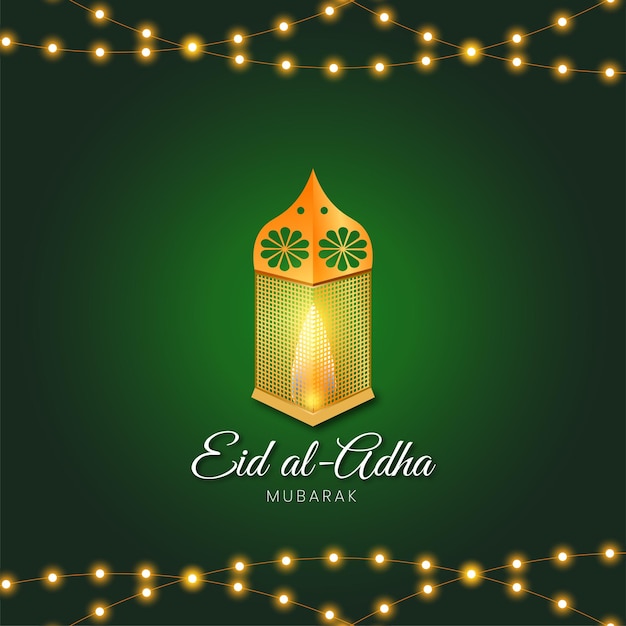 free vector eid al adha mubarak with lantern and fairy lights decor