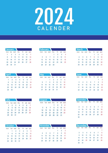 Вектор Бесплатный векторный элегантный 2024 стеновой календарь синий шаблон вектор дизайна полной страницы