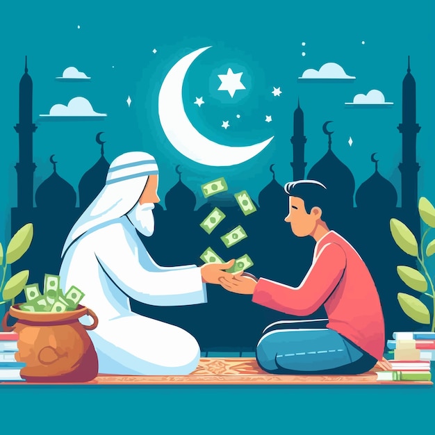 Vettore vettore gratuito musulmano senza volto che dà l'elemosina zakat o donazione infaq a una persona che ne ha bisogno in un posto piatto