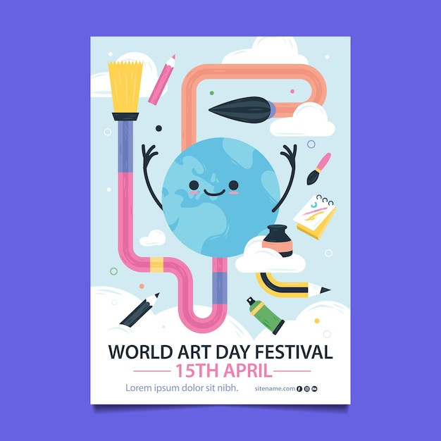 Vettore modello di poster verticale gratuito per la giornata mondiale dell'arte vector flat