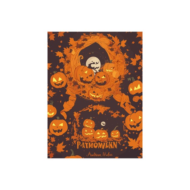 Design vettoriale gratuito della maglietta con zucca di halloween circondata da foglie autunnali e una luna piena nella parte posteriore