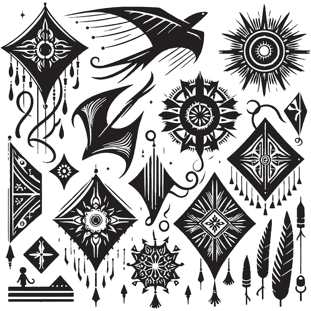 Vector free vector hand drawn kite silhouette set within white background