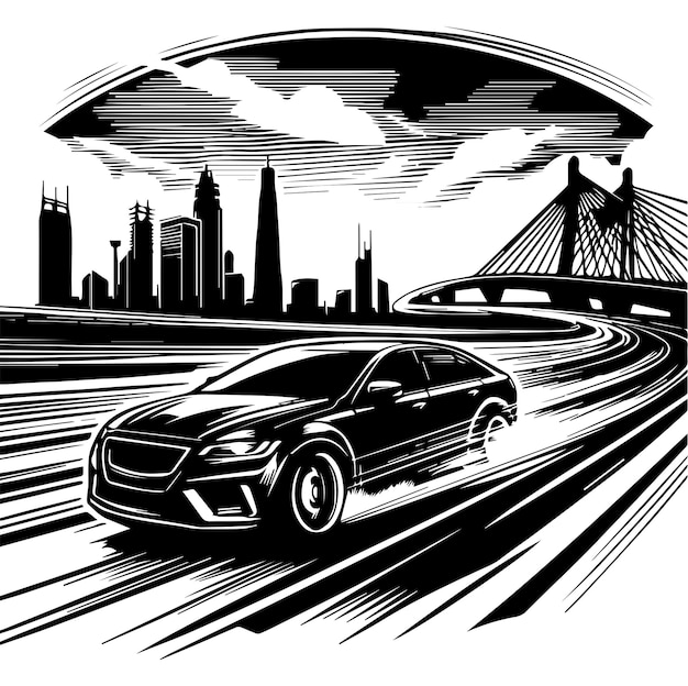 Free Vector HandDrawn A Car Has Driving In The City MaIn Road Silhouette Within White Background