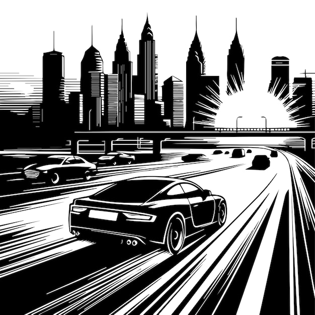 Free Vector HandDrawn A Car Has Driving In The City MaIn Road Silhouette Within White Background
