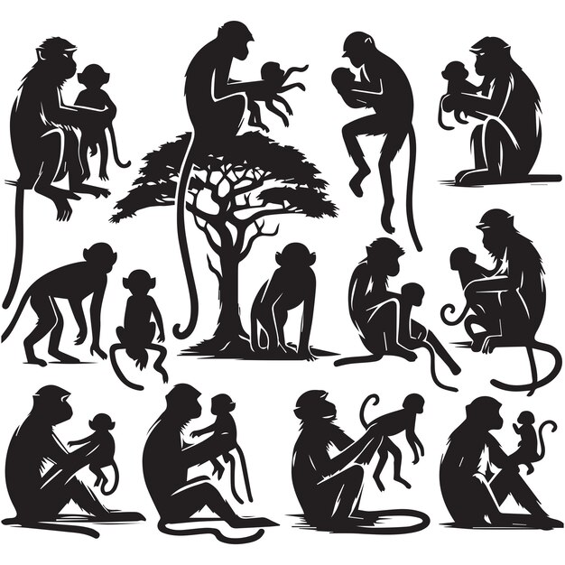 Free Vector HandDrawn Monkey Silhouette Set Within White Background