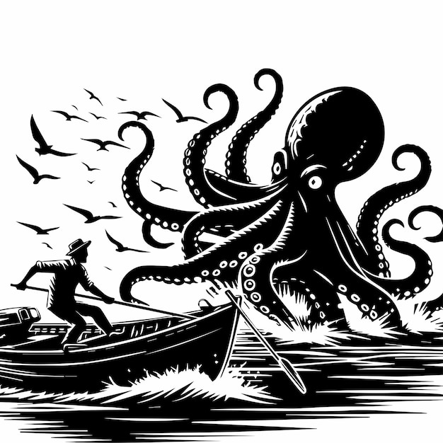 Free Vector HandDrawn Octopus Has Attacking In The Fish Boat Silhouette Within White Background