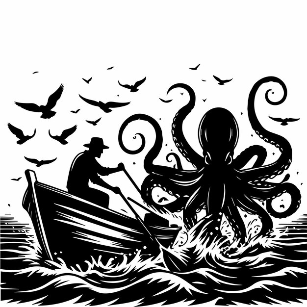 Free Vector HandDrawn Octopus Has Attacking In The Fish Boat Silhouette Within White Background