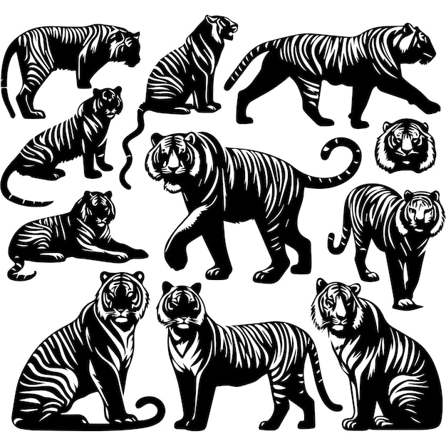 Free Vector HandDrawn Tiger Silhouette Set Within White Background