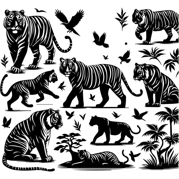 Vector free vector handdrawn tiger silhouette set within white background