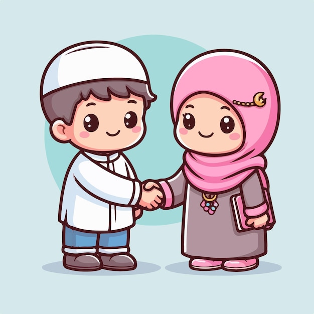 Vector free vector a handshake of friendship between muslim boy and girl cartoon style vector icon