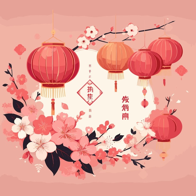 Free vector happy chinese new year greetings with sakura flowers and lanterns