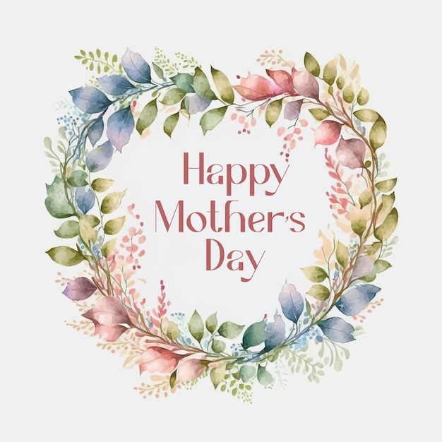 Free vector happy mothers day heart shape frame leaves watercolor paint