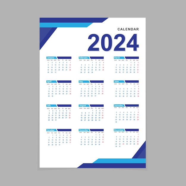 Free vector happy new year 2024 english calendar template design vector