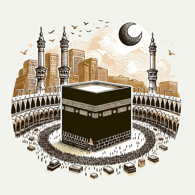 Vettore gratuito kaaba sacra a mecca in arabia saudita disegno a mano illustrazione vettoriale