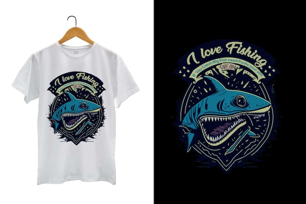 Вектор Бесплатно векторы я люблю дизайн футболки для рыбалки с образцом иллюстрации акулы