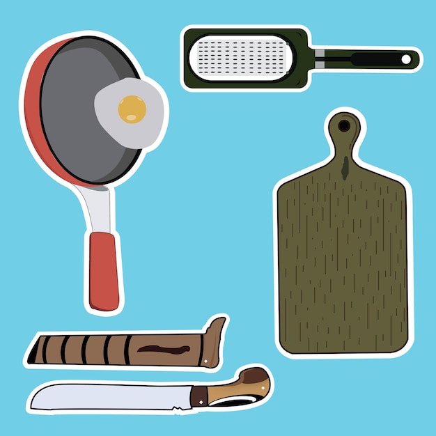 Free vector illustration set of kitchen utensils blue background
