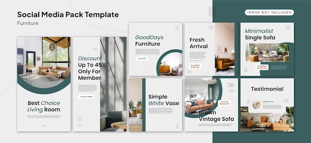 白と緑をテーマにした無料ベクター インテリア家具ソーシャル メディア パック テンプレート