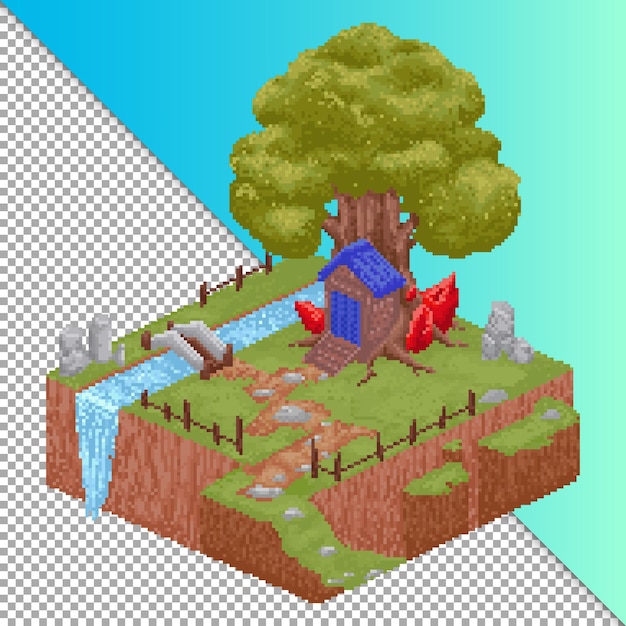 Free vector isometric pixel art witch red ruby house