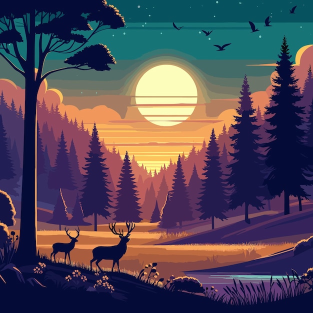 Free vector Landscape with forest at sunset with deer
