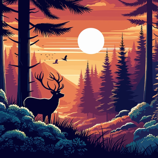 無料のベクター 鹿と夕暮れの森のある風景