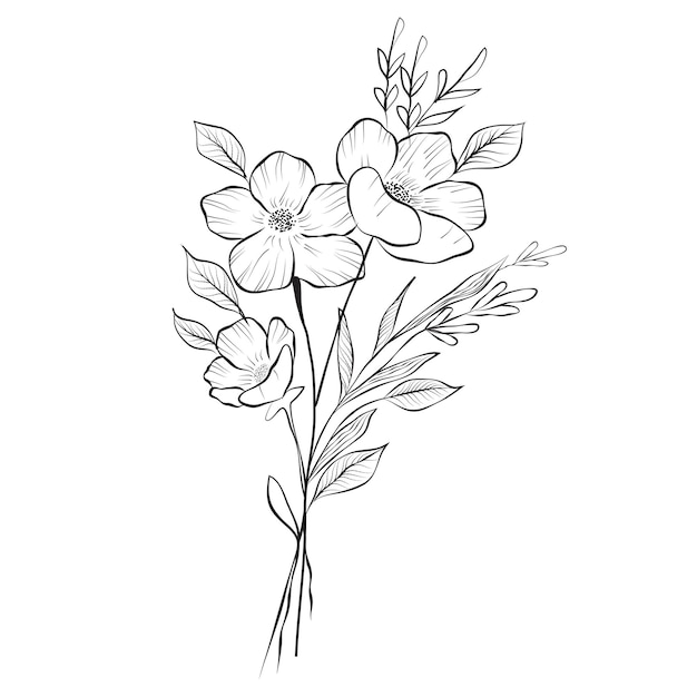 Free Vector line art and hand drawing flower art black and white flat design simple flower