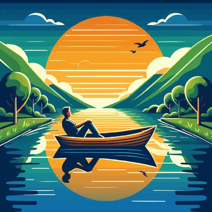 Vector free vector man on the boat at the evening landscape