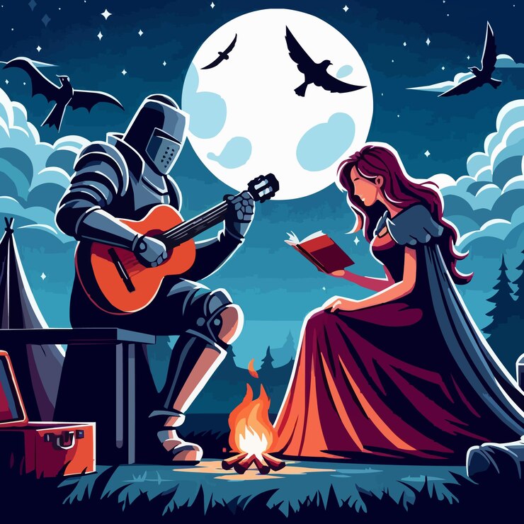 Vector free vector man is playing guitar and woman is listening at their camping trip at night