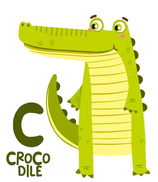 Бесплатный векторный талисман в стиле мультфильма крокодил с алфавитными словами